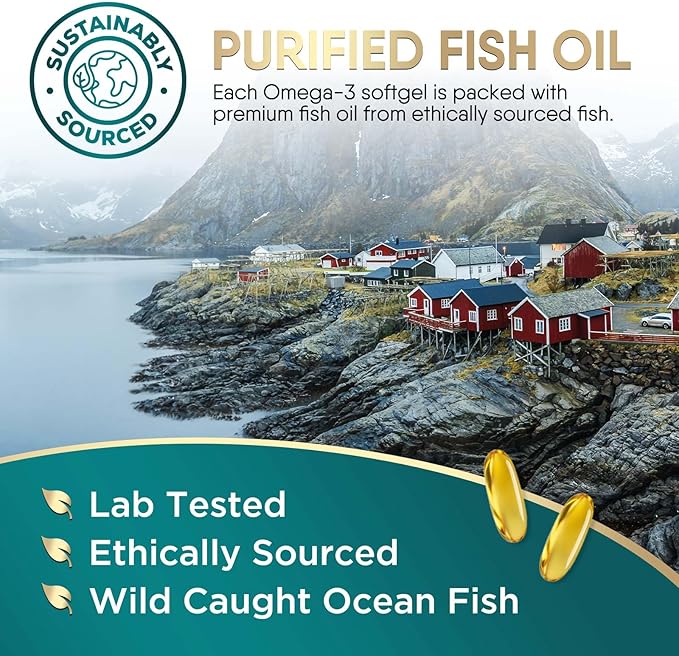 Omega 3 Fish Oil Supplements - 2400mg Fish Oil Per Serving - Triple Strength Omega-3 with Fatty Acids EPA & DHA - Natural Heart, Brain & Immune Support - Wild Caught, Bottled in USA - 120 Softgels