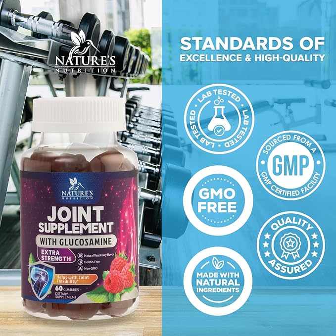 Joint Support Gummies - Glucosamine Plus Vitamin E Nature's Joint Support Supplement for Occasional Discomfort for Back, Knees & Hands - Cartilage & Joint Health & Flexibility Support - 60 Gummies