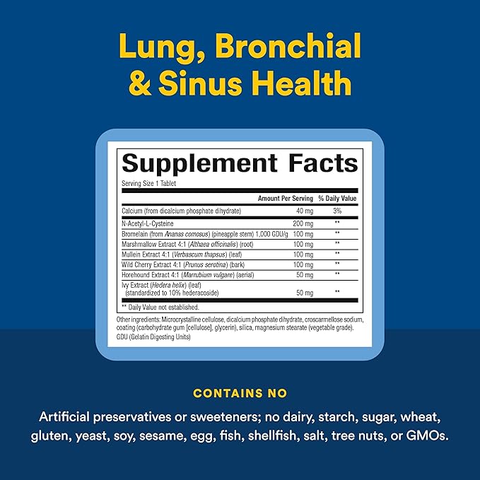 Natural Factors Lung, Bronchial & Sinus Health - Respiratory Health Supplement - Supports Lung & Sinus Health - Supports Healthy Lung Tissue & Mucus Consistency - 90 Tablets (90 Servings)