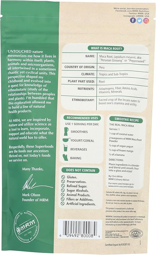 MRM Organic Maca Root Powder - for Women & Men - USDA Organic Maca Root Superfood Powder with Adaptogenic Properties, for Drinks, Smoothies, & Daily Nutrition, Vegan & Gluten-Free - 40 Servings