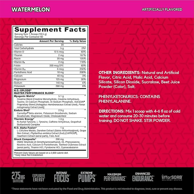 BSN N.O.-XPLODE Pre Workout Powder, Energy Supplement for Men and Women with Creatine and Beta-Alanine, Watermelon, 60 Servings, 2.45 Pound (Packaging May Vary)