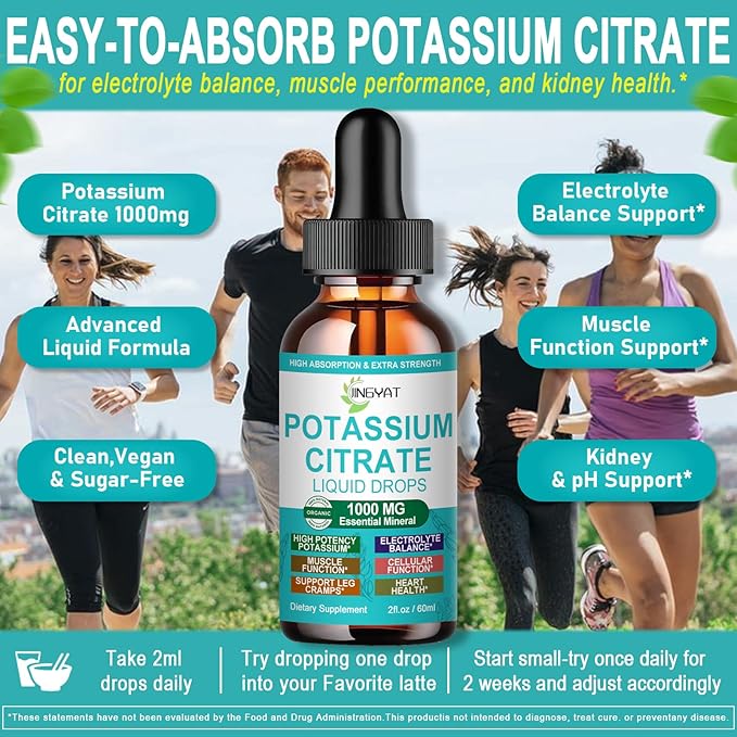 Potassium Supplement Liquid Drops, High Absorption Potassium Citrate 1000mg for Muscle Heart Electrolyte Balance and Normal pH Support*, Essential Mineral Drops, Non-GMO, 30 Servings