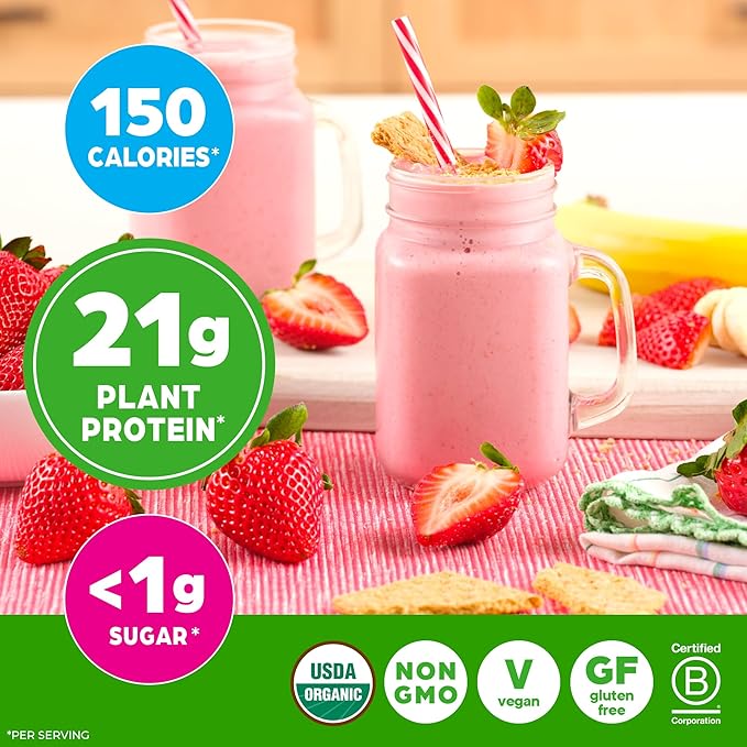 Orgain Organic Vegan Protein Powder, Strawberries & Cream - 21g Plant Based Protein, 4g Prebiotic Fiber, Low Net Carb, No Lactose Ingredients, No Added Sugar, Non-GMO, For Shakes & Smoothies, 2.03 lb
