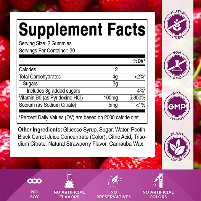 Vitamatic 2 Packs Vitamin B6 100mg Gummies – Natural Strawberry Flavor – 60 Pectin-Based Gummies per Bottle – Nervous System & Energy Support