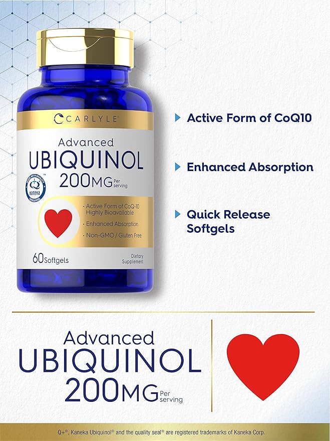 Carlyle Ubiquinol 200mg | 60 Softgels | High Absorption | Active Form of CoQ10 | Non-GMO, Gluten Free Supplement