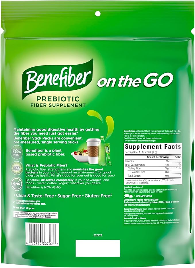 Benefiber On The Go Prebiotic Fiber Supplement Powder for Digestive Health, Daily Fiber, Unflavored - 72 Sticks