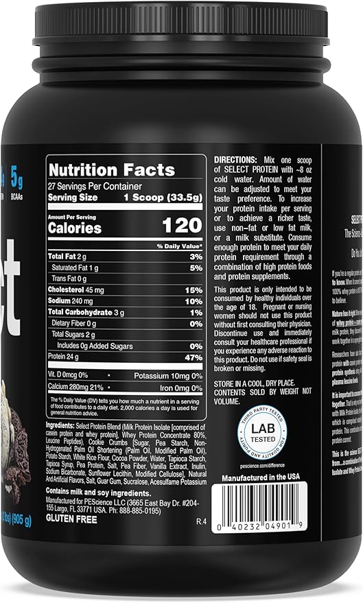 PEScience Select Protein Powder, Whey and Casein Blend, Lean Protein Powder for Women and Men, Low Calorie, Low Carb, Keto Friendly, Gluten Free, Cookies and Cream - 27 Servings