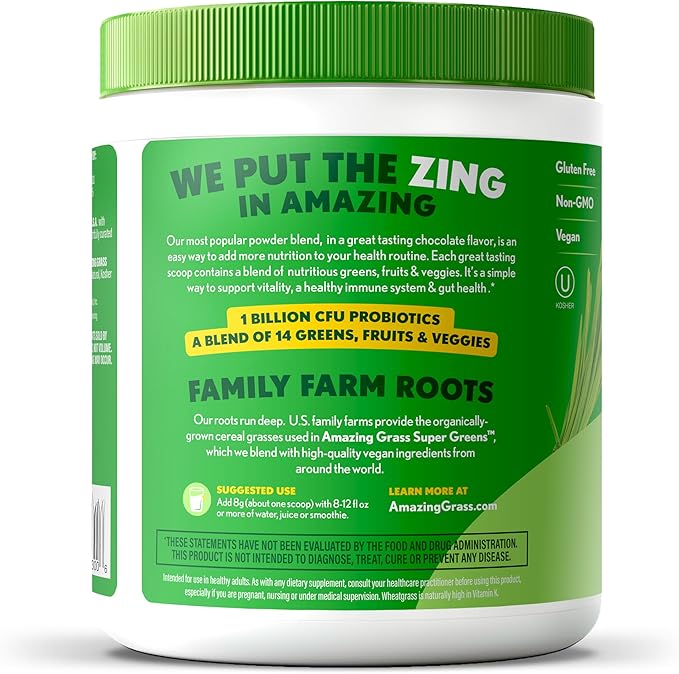 Amazing Grass Greens Superfood Powder: Greens Powder with Digestive Enzymes & Probiotics, Organic Spirulina, Chlorella, and Beet Root Powder, Chocolate, 30 Servings