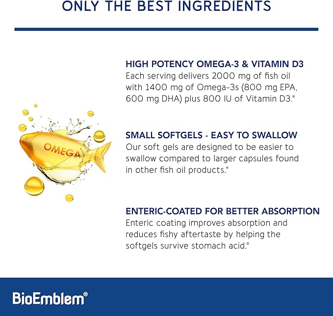 BioEmblem Omega-3 Fish Oil 2000mg - Small Size Softgels, High Absorption Form, Sustainable - 1400mg EPA &DHA Plus Vitamin D3, Non-GMO, Heart, Joint, & Brain Health Fish Oil Supplement, 240 Ct