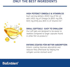 BioEmblem Omega-3 Fish Oil 2000mg - Small Size Softgels, High Absorption Form, Sustainable - 1400mg EPA &DHA Plus Vitamin D3, Non-GMO, Heart, Joint, & Brain Health Fish Oil Supplement, 240 Ct