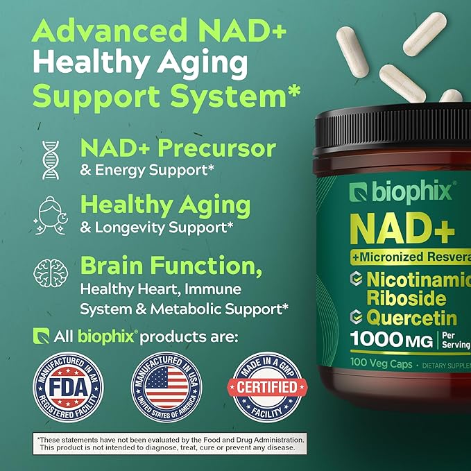 biophix NAD+ Liposomal Supplement for Women & Men - 1000 mg per Serving - Nicotinamide Riboside, Micronized Resveratrol & Quercetin Complex - 100 Veg Capsules - Non-GMO, Gluten-Free, cGMP Certified