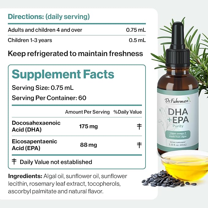 Dr. Fuhrman Vegan Omega 3 | Vegan DHA+EPA Purity Liquid Supplement | Made from Lab-Grown Algae | Our Omega 3 Supplement is Refrigerated in Warehouse Until Shipped | Citrus Flavor 60 Servings