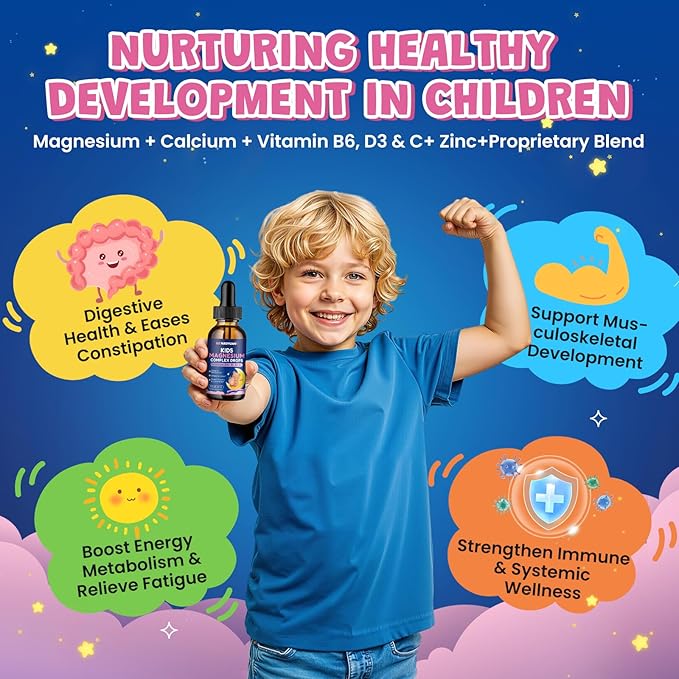 Kids Magnesium Liquid Drops - Magnesium Glycinate Drops for Kids, Citrate Liquid with Calcium, Omega-3, L-theanine, Zinc, Vitamin B6 D3 C for Sleep, Relaxation, Calm & Focus, Strawberry Flavor,2 Fl Oz