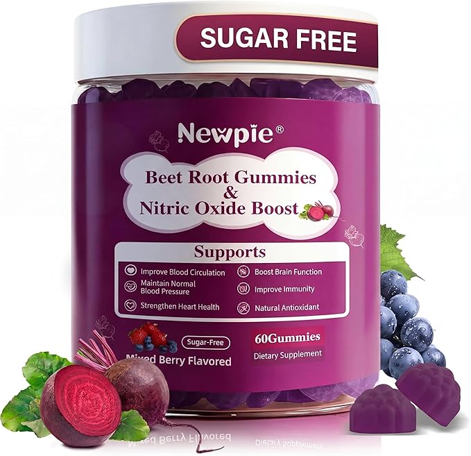 Beet Root Gummies,Super Nitric Oxide Beets Supplement,Grape Seed&Black Pepper Extract,Vitamin C & B12,Supports Blood Pressure&Energy,Mixed Berry,20:1 Beetroot, 60 Beet Chews