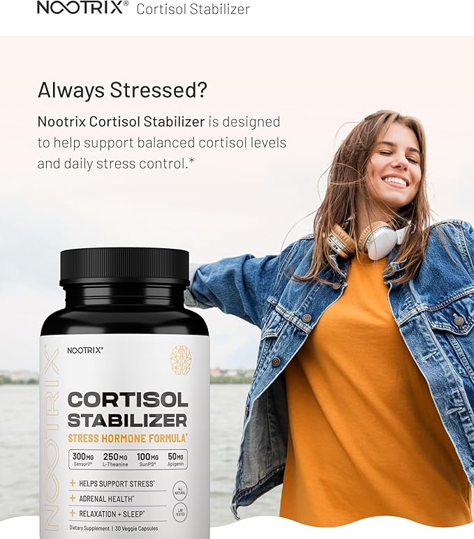 Nootrix Cortisol Manager & Stabilizer Supplement | Supports Deep Sleep, Relaxation, Adrenal Health & Stress | 300mg Ashwagandha | L-Theanine, Rhodiola Rosea Extract & Apigenin | 30 Capsules