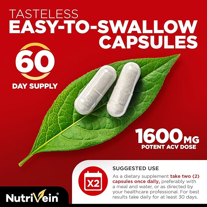 Nutrivein Premium Apple Cider Vinegar Supplements with Mother - 1600 mg - 120 Apple Cider Vinegar Capsules: ACV Pills for Digestion, Keto, Cleansing, and Balanced Nutrition