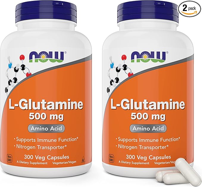 Now L-Glutamine 500mg 300 Veg Capsules (Pack of 2) - Non-GMO Supplement - Vegan Lglutamine 500 mg Caps