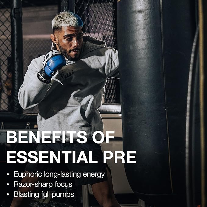 RAW Essential Pre-Workout Powder (Fruit Burst) - Chris Bumstead Sports Nutrition Supplement for Men & Women - Preworkout Energy Powder with Caffeine, L-Citrulline, L-Tyrosine, & Beta Alanine Blend