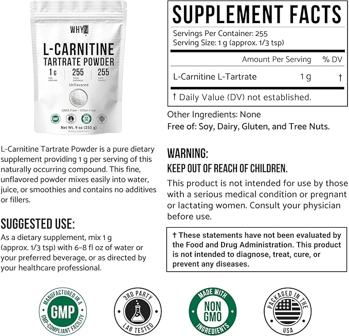 L-Carnitine Tartrate Powder Pure Unflavored Carnitine Supplement Amino Acid Powder L-Carnitine Tartrate Bulk Supply, 255g (9 oz)