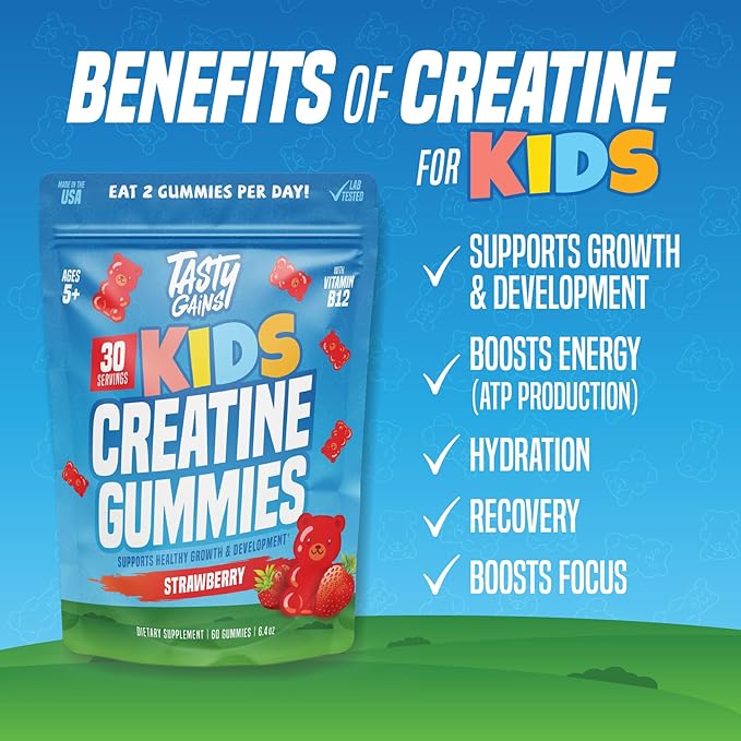 TASTY GAINS Kids & Teen Creatine Gummies with Vitamin B12 for Growth Support, Easy Chew Daily Supplement, Gummy Vitamins for Kids and Teens, Ages 5+