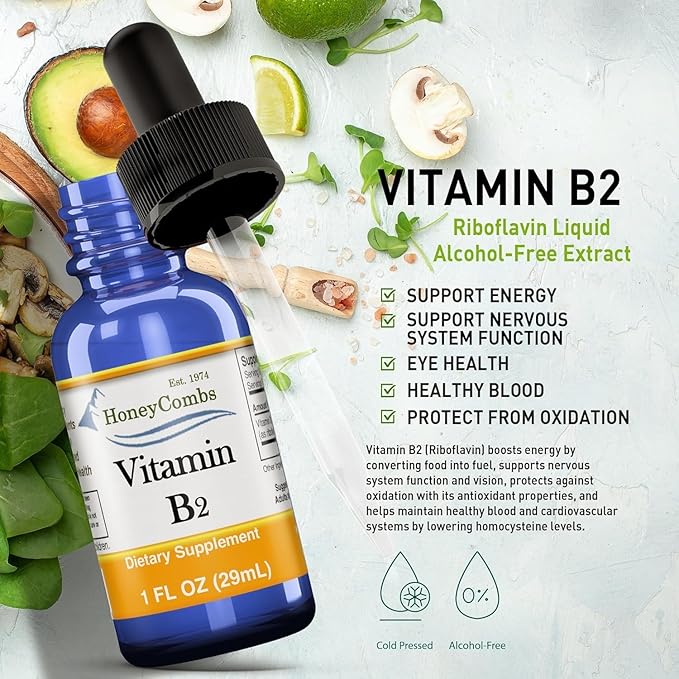 Honeycombs Riboflavin Vitamin B2 Liquid Drops 500 Percent DV, b2 made in USA Alcohol Free B2 Vitamins Supplement, Fast Absorbing Riboflavin Alternative to Capsules for Adult Daily Use