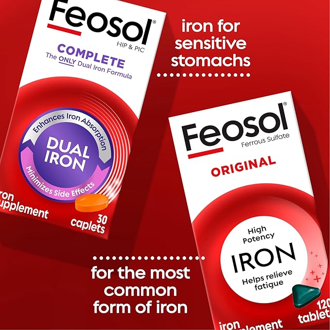 Feosol Original Iron Supplement Tablets, Non-heme, 65mg Iron per Pill, 1 Per Day, 8 Month Supply, for Energy and Immune System Support (120 ct Pack of 2)