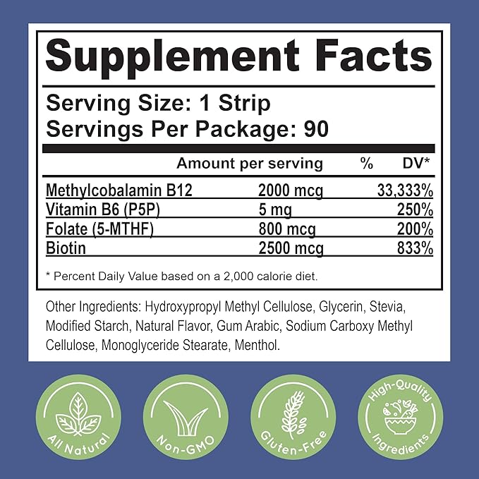 Essential Source 2,000 mcg Methylcobalamin Vitamin B12 Sublingual Energy Strips | Biotin, B6, 5-MTHF L-Methylfolate | Sublingual B12 Vitamins, Folate | Energy, Brain Health, Nerve Function - 5 Strips