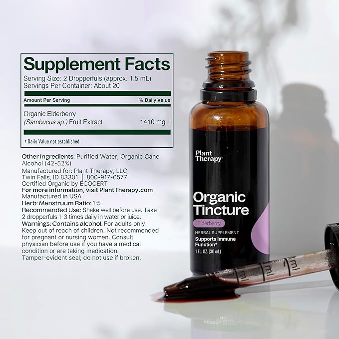 Plant Therapy Organic Elderberry Herbal Supplement Tincture 30 mL (1 oz) Immune Support, Helps Soothe Nasal and Throat Discomfort, Vegan, Non GMO, Gluten Free, Liquid, 1 Bottle