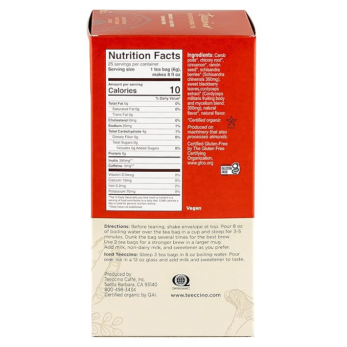 Teeccino Cordyceps Schisandra Tea - Cinnamon Berry - 25 TeaBags - Caffeine Free Mushroom Adaptogenic Herbal Tea, 3x More Herbs Than Regular Tea Bags, Naturally Sweet, Gluten Free, Prebiotic