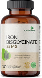 Futurebiotics Iron Bisglycinate 25mg Gentle on The Stomach, Supports Energy & Healthy Red Blood Cell Production - Non-Constipating Formula - Non GMO, 180 Vegetarian Capsules
