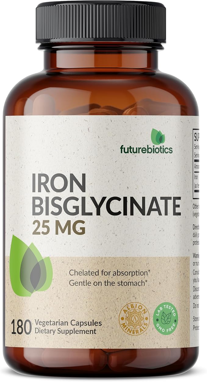 Futurebiotics Iron Bisglycinate 25mg Gentle on The Stomach, Supports Energy & Healthy Red Blood Cell Production - Non-Constipating Formula - Non GMO, 180 Vegetarian Capsules