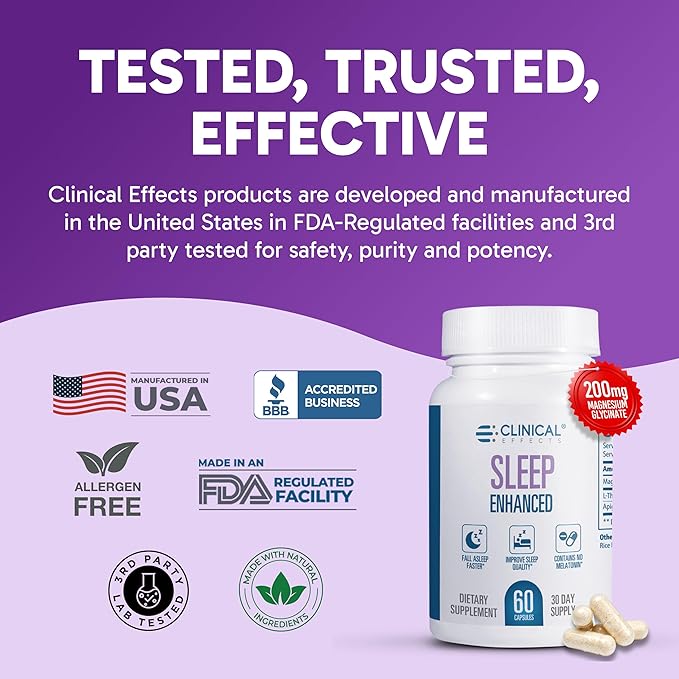 Clinical Effects Sleep Enhanced - Magnesium Supplement - 60 Capsules - Magnesium Glycinate, L-Theanine and Apigenin - for Relaxation and Natural Calm - No Melatonin Sleep Support - USA Made