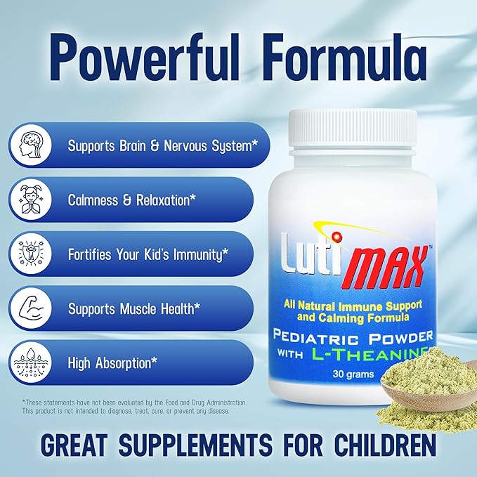 Lutimax Pediatric Powder Brain Supplement with Luteolin, Rutin & LTheanine - Kids Memory, Focus, Muscle & Immune Support Brain Supplement - Nootropic Antioxidants for Brain Health Support 100 Serving