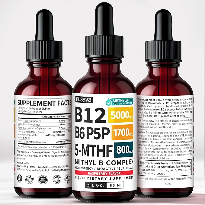(2-Pack) Methylated B Complex Liquid Drops with Active L-Methylfolate - B12 Sublingual Drops, Vitamin B Complex - Vegan B 12 Vitamin 5000mcg, Non-GMO, Raspberry Flavor, No Sugar, 2 Fl oz, 80 Servings