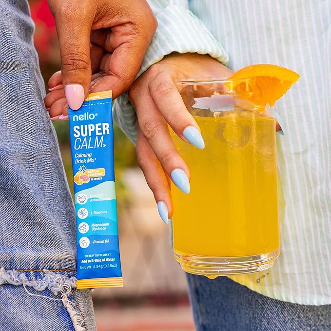 Nello Supercalm Powdered Drink Mix, Cortisol Reducer* and Sleep Aid Supplement, L Theanine, Ksm-66 Ashwagandha, Magnesium Glycinate, Vitamin D 3, No Sugar, Non GMO, 20 Ct, Tropical Tangerine