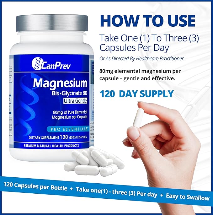 CanPrev Magnesium Biglycinate Chelated 80mg Ultra Gentle 120 V-Caps 120-Day Supply - Support Muscle Function, Bone Strength & Relaxation, Pure Magnesium Bisglycinate Formula, Promote Comfort & Balance