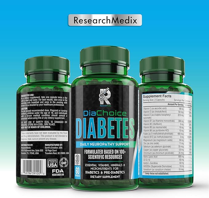 DiaChoice Neuropathy Support with Alpha Lipoic Acid 600 mg, to Fortify Nerve Health & Support Healthy Nerve Function, ALA, Co Q10, Magnesium, Zinc, Vitamins B12, B9, B6, B3, B2, B1, D, C, E & 5 more