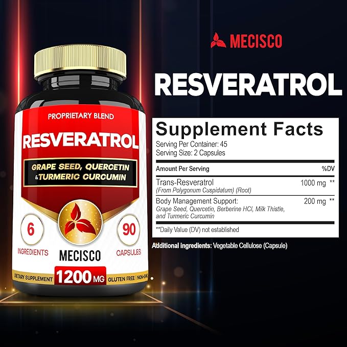Trans Resveratrol Supplement with Grape Seed, Milk Thistle, and More - Resveratrol - 6 Herbal Supports for Immune System, Heart Health, Body Management - 90 Capsules