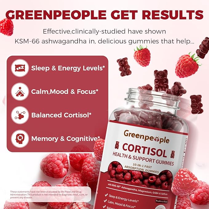 GREENPEOPLE Cortisol Supplements for Women & Men - Cortisol Reducer Detox Manager w/KSM-66 Ashwagandha/Magnesium/L-theanine/GABA/Vitamin B6 for Mood/Sleep/Stress Relief 90 CT Raspberry Flavor Gummies
