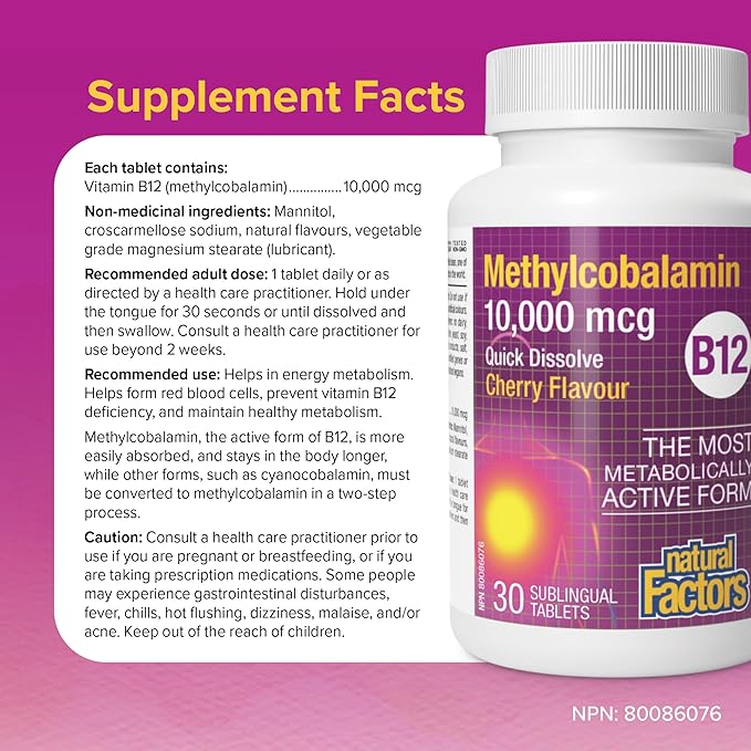 Natural Factors Methylcobalamin 10,000 mcg - Vitamin B12 Supplement in Metabolically Active Form - Supplement Supports Cell Formation & Energy Production - 30 Chewable Tablets (30 Servings)