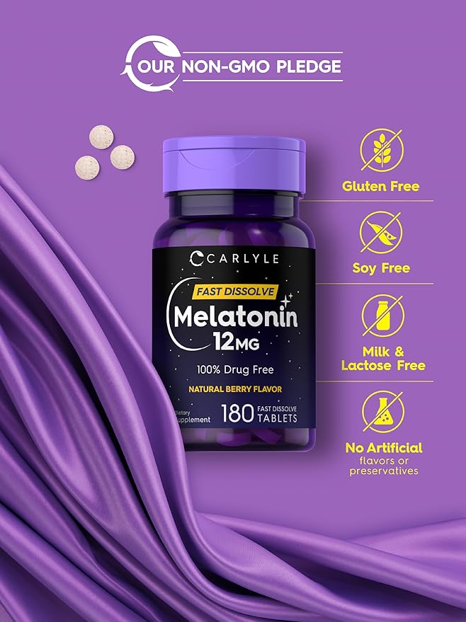 Carlyle Melatonin 12 mg Fast Dissolve 180 Tablets | Drug Free | Natural Berry Flavor | Vegetarian, Non-GMO, Gluten Free