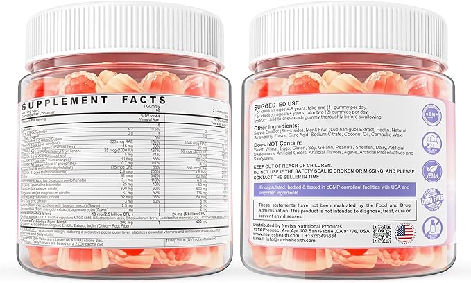 Kids Multivitamin Gummies + Calcium, Probiotics, Vitamin D3, C, Methylated B12 & Methylfolate, B6, A, K2, E, Zinc, Prebiotics for Children Ages 4+, Clean & Sugar Free, for Nutritional Support, 60 Cts