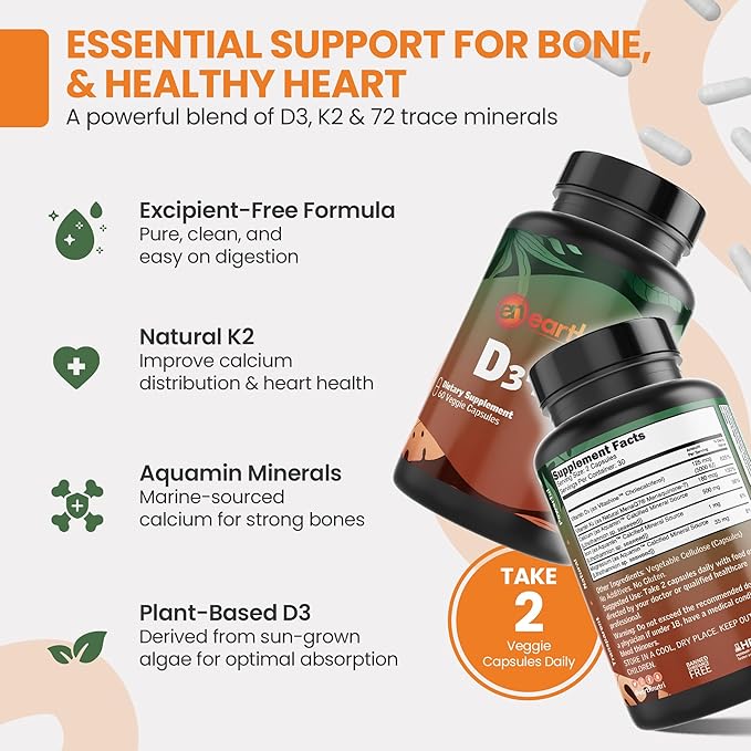 EarthNutri - Vitamin D3 Plus K2 Vitamin Supplement 5000 IU – Includes K2 from MENA Q7, D3 from Vitashine, Calcium from Aquamin & 72 Trace Minerals – for Immune, Bone & Heart Health - Non-GMO