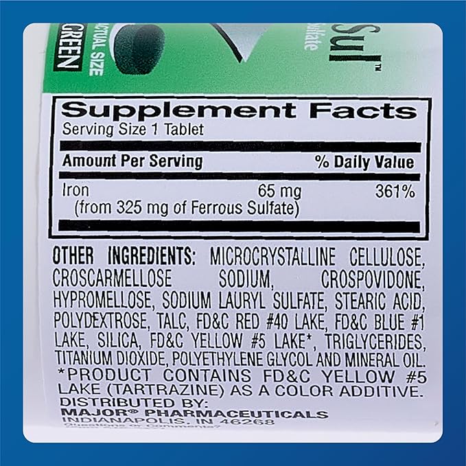 Major Ferosul - Ferrous Sulfate 325mg Tablets with 65mg of Elemental Iron - Iron Supplement for Women, Men - Green - 100 Count (2 Pack)