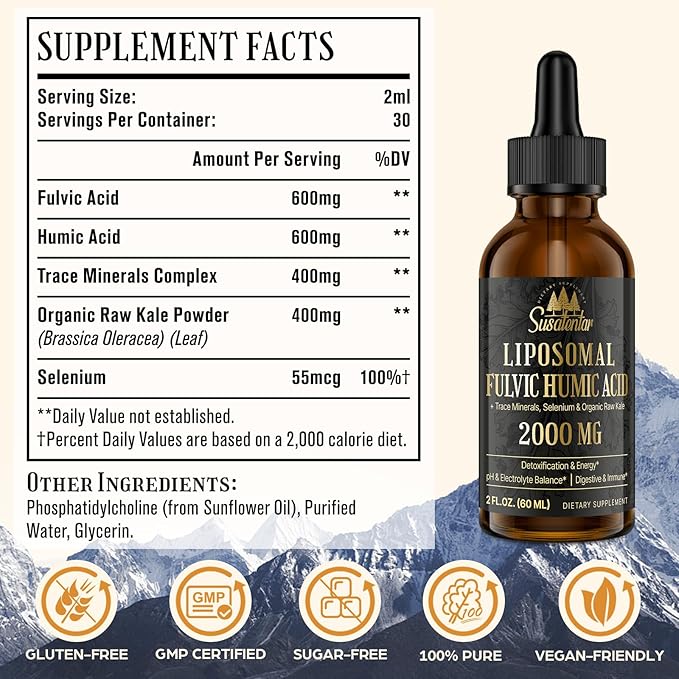 2000 MG Liposomal Fulvic Acid + Humic Acid + Trace Minerals Complex - More Potent Than Shilajit, Electrolytes Liquid Supplement with Organic Kale for Energy, Digestion, Immunity & pH Balance, 8 Oz