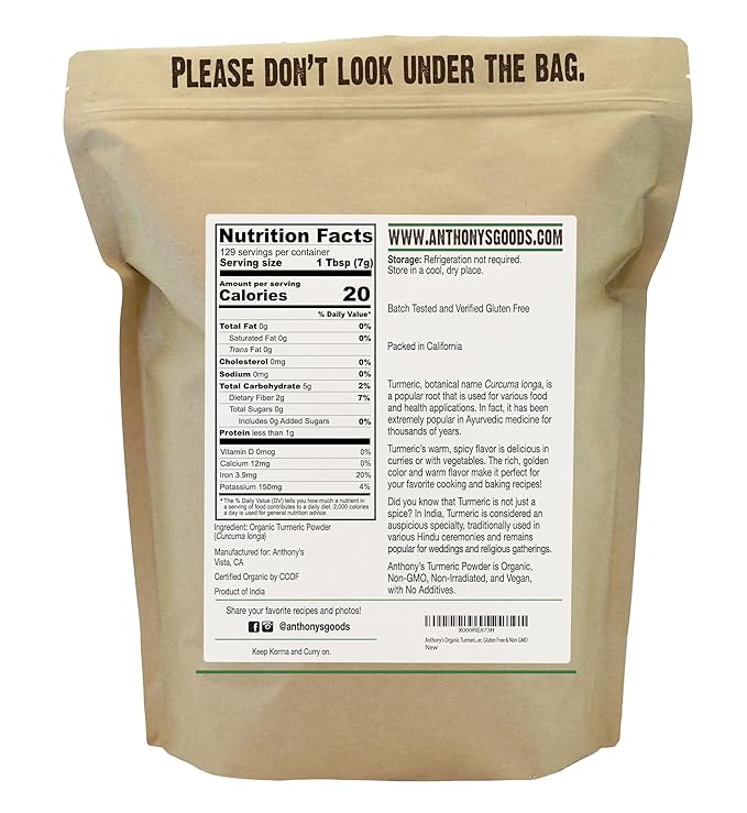 Anthony's Organic Turmeric Root Powder, 2 lb, Curcumin Powder, Gluten Free & Non GMO (Pack of 1)