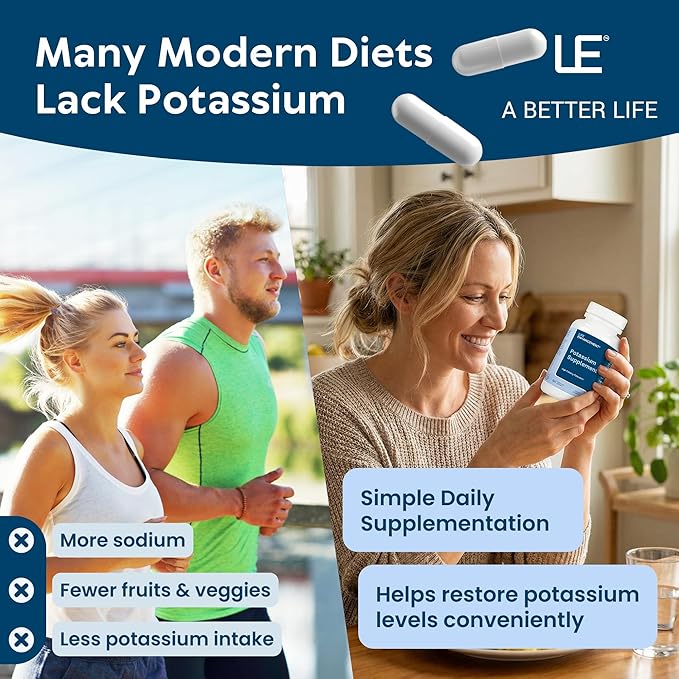 Life Enhancement High Potency 1020 mg Potassium Supplement for Muscle, Brain & Bone Health - No Additives High Absorption Elemental Potassium Supplement, Made in USA (240 Capsules – 120 Servings)