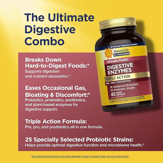 Renew Life Ultimate Flora Digestive Enzymes with Probiotics and Prebiotics | Doctor Formulated | 45 Vegan Capsules | Eases Occasional Gas, Bloating & Discomfort | Dairy, Soy and Gluten Free Supplement