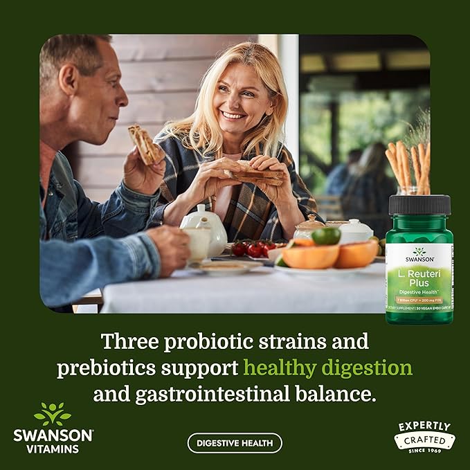 Swanson L. Reuteri Probiotic Plus with L. Rhamnosus, L. Acidophilus & FOS Prebiotic for Gut-Health-Conscious Adults - 7 Billion CFU (30 Vegan Capsules)
