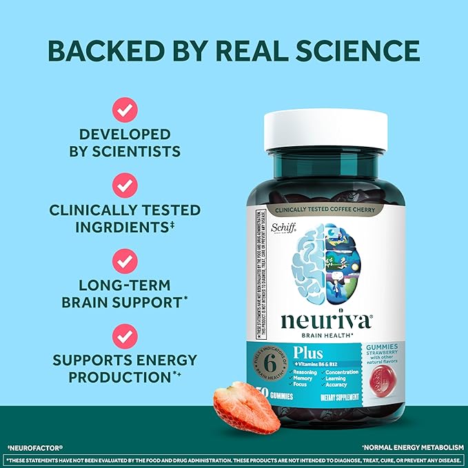 NEURIVA Plus Decaffeinated Nootropic Brain Supplement for Memory, Focus & Concentration & Cognitive Function, Clinically Tested NeuroFactor, Phosphatidylserine, Vitamins B6 B12,50ct Strawberry Gummies